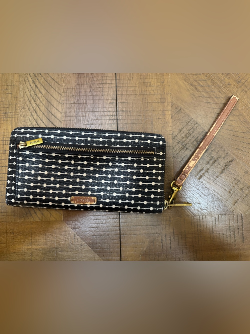 Fossil Black Wallet with Cream Dot-Stripes and Wristlet Wallet